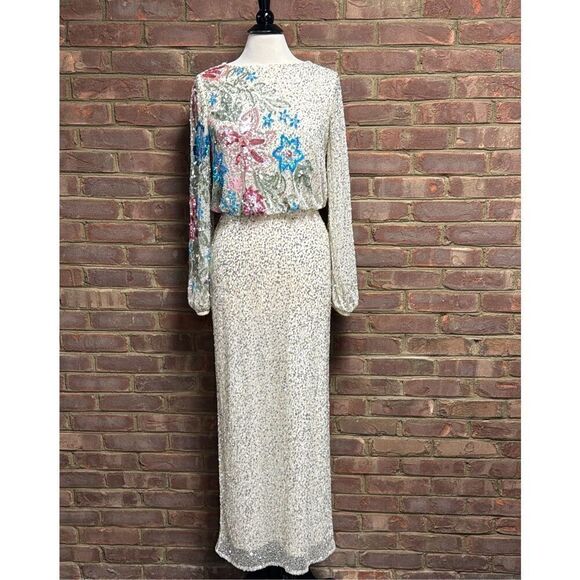 MAC DUGGAL Beige Embellished Floral High Neck Gown Size 8 - Picture 2 of 12